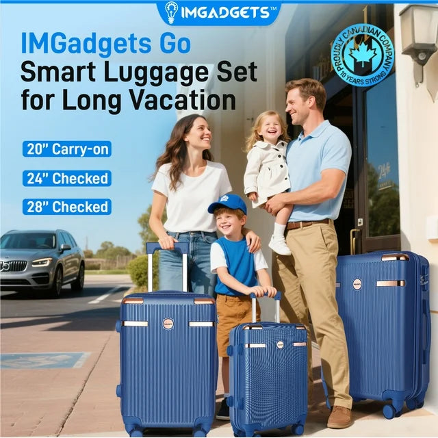 IMGadgets Go Luggage 3pc Set Lightweight & Durable ABS Polycarbonate 360° 4x Dual Spinner Wheels 3 GPS World Smart Tags