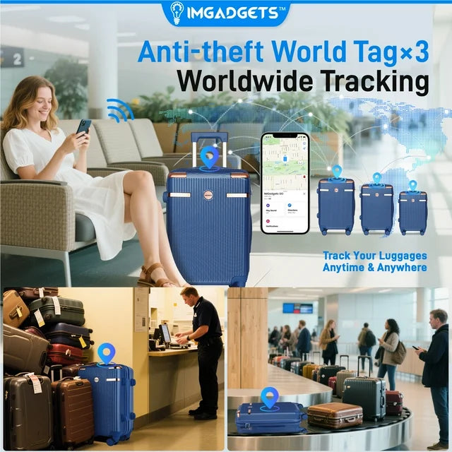 IMGadgets Go Luggage 3pc Set Lightweight & Durable ABS Polycarbonate 360° 4x Dual Spinner Wheels 3 GPS World Smart Tags