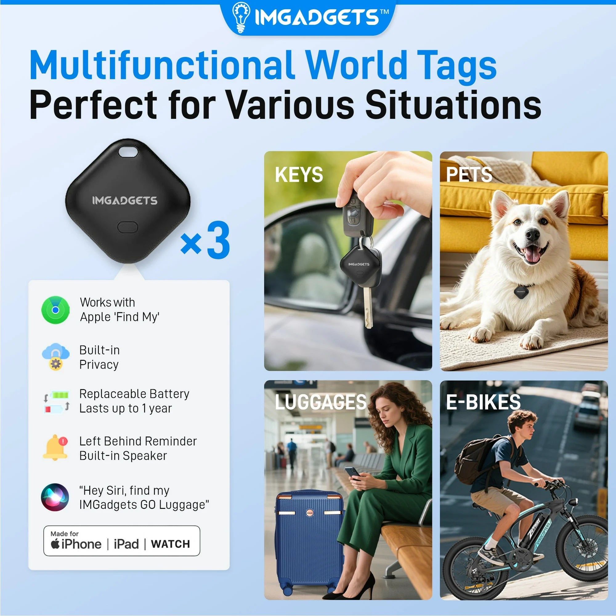 IMGadgets Go Luggage 3pc Set Lightweight & Durable ABS Polycarbonate 360° 4x Dual Spinner Wheels 3 GPS World Smart Tags